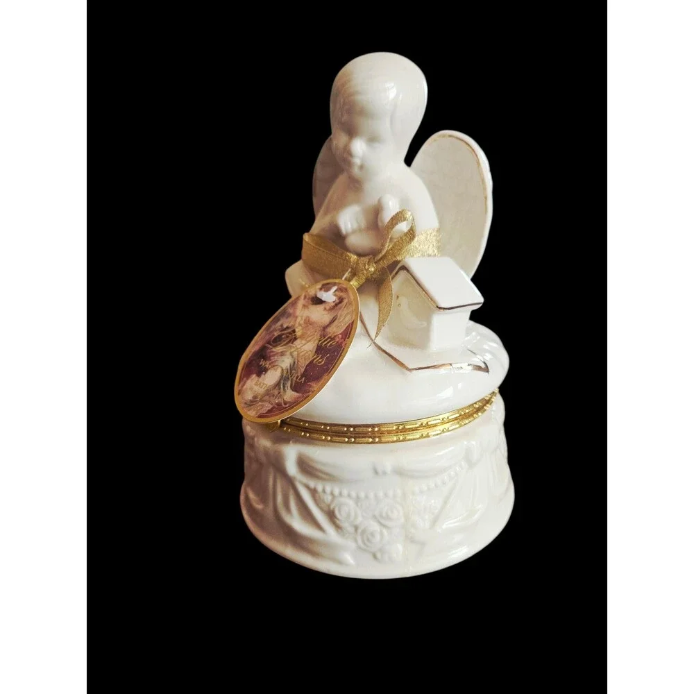 Vintage Style Ceramic Angel Trinket Box, White & Gold Angel Keepsake Box